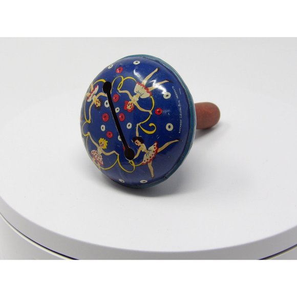 Vintage Blue Metal Noisemaker Rattle Featuring Girls Jumping Rope & Wooden Handl - Picture 3 of 8